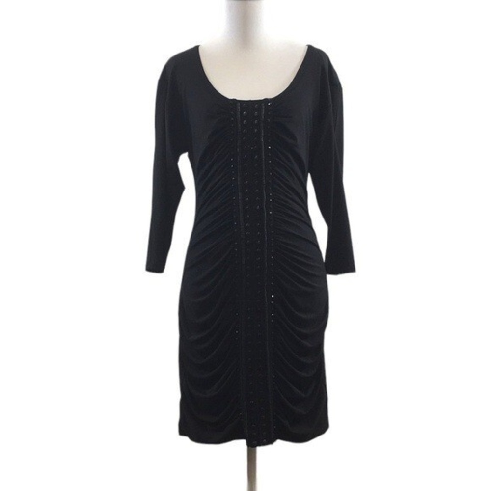 Gianni Binni Black Ruched Beaded‎ Bodycon Dress Womens Small 3/4 Sleeve